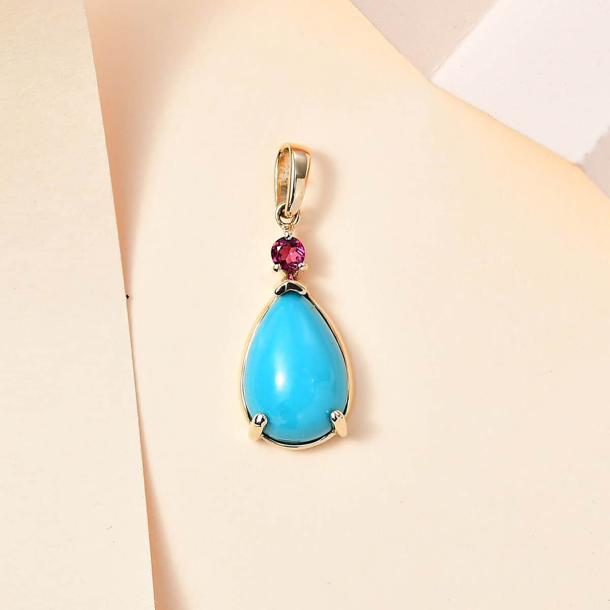 Luxoro 10K Yellow Gold Premium Sleeping Beauty Turquoise and Premium Ouro Fino Rubellite Drop Pendant 2.80 ctw image number 1