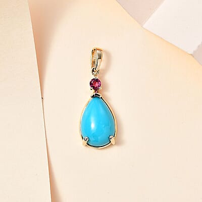 Luxoro 10K Yellow Gold Premium Sleeping Beauty Turquoise and Premium Ouro Fino Rubellite Drop Pendant without Chain 2.80 ctw