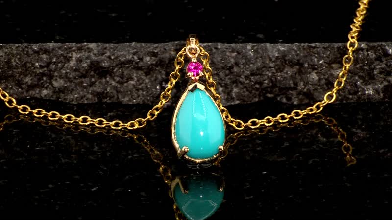 Luxoro 10K Yellow Gold Premium Sleeping Beauty Turquoise and Premium Ouro Fino Rubellite Drop Pendant without Chain 2.80 ctw
