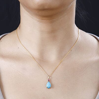 Luxoro 10K Yellow Gold Premium Sleeping Beauty Turquoise and Premium Ouro Fino Rubellite Drop Pendant without Chain 2.80 ctw