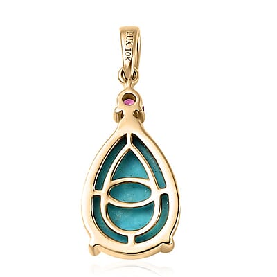 Luxoro 10K Yellow Gold Premium Sleeping Beauty Turquoise and Premium Ouro Fino Rubellite Drop Pendant without Chain 2.80 ctw