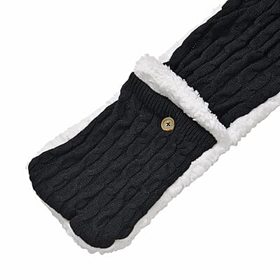 Women Winter Knit Warm Faux Fur Sherpa Scarf with Pockets and Non Slip Socks - Black