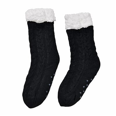 Women Winter Knit Warm Faux Fur Sherpa Scarf with Pockets and Non Slip Socks - Black