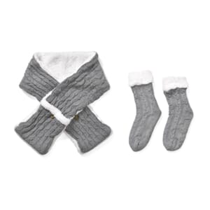 Women Winter Knit Warm Faux Fur Sherpa Scarf with Pockets and Non Slip Socks - Gray