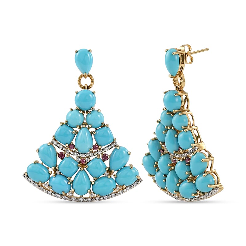 Premium Sleeping Beauty Turquoise and Multi Gemstone 33.85 ctw Stud Earrings in 18K Vermeil Yellow Gold Over Sterling Silver