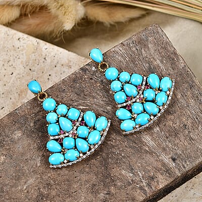 Premium Sleeping Beauty Turquoise and Multi Gemstone 33.85 ctw Stud Earrings in 18K Vermeil Yellow Gold Over Sterling Silver