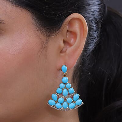 Premium Sleeping Beauty Turquoise and Multi Gemstone 33.85 ctw Stud Earrings in 18K Vermeil Yellow Gold Over Sterling Silver
