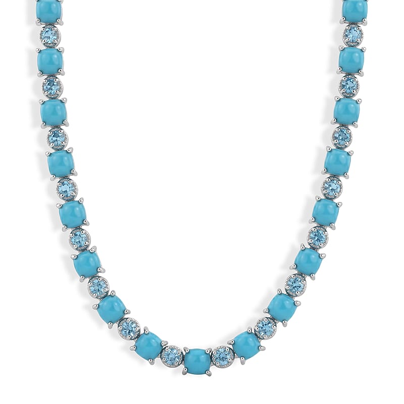 Premium Sleeping Beauty Turquoise and Swiss Blue Topaz 13.30 ctw Necklace in Rhodium Over Sterling Silver 20 Inches