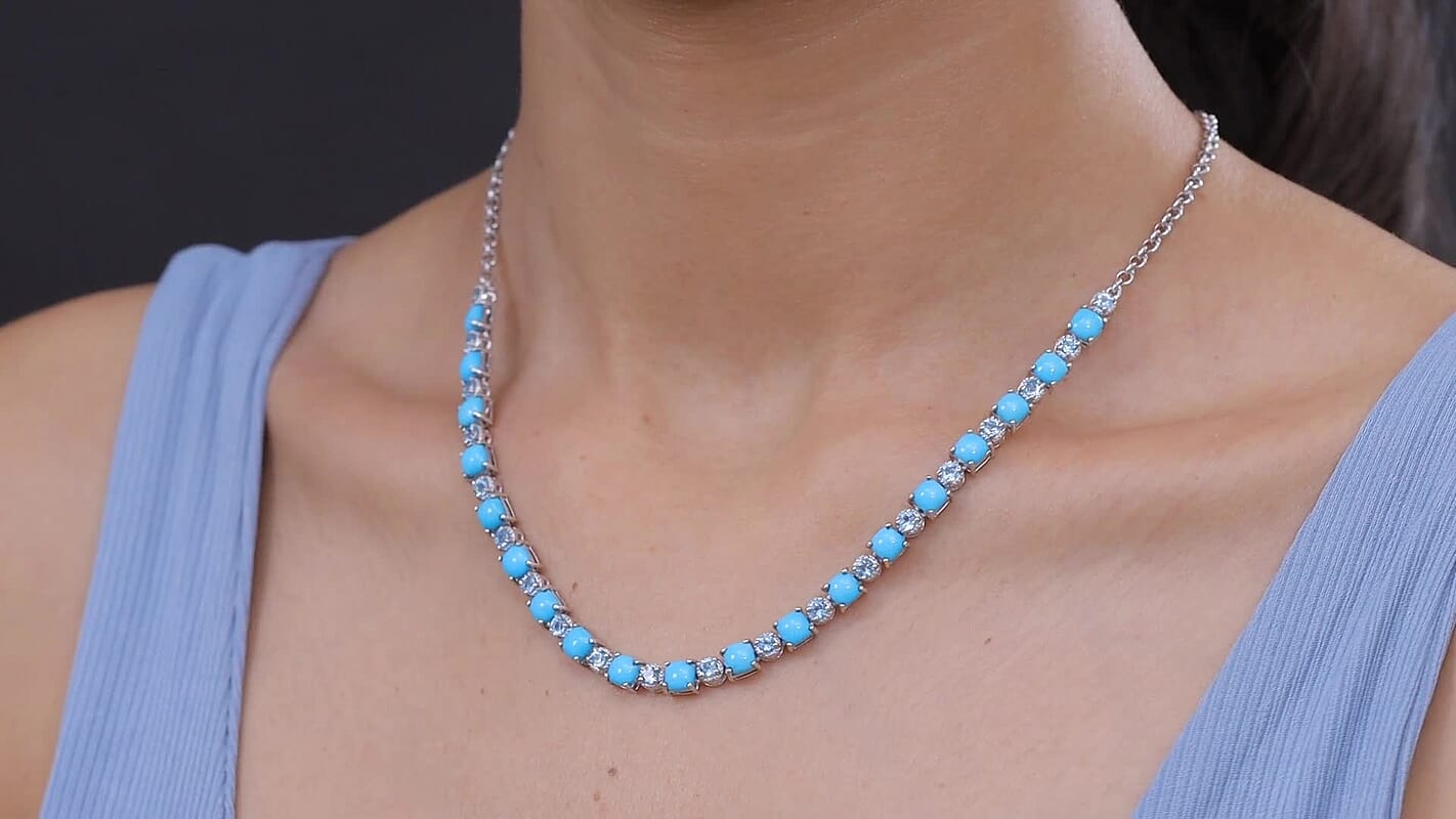 Premium Sleeping Beauty Turquoise, Swiss Blue Topaz Necklace (20 Inches) in Rhodium Over Sterling Silver 13.30 ctw