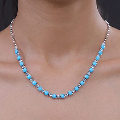 Premium Sleeping Beauty Turquoise and Swiss Blue Topaz 13.30 ctw Necklace in Rhodium Over Sterling Silver 20 Inches