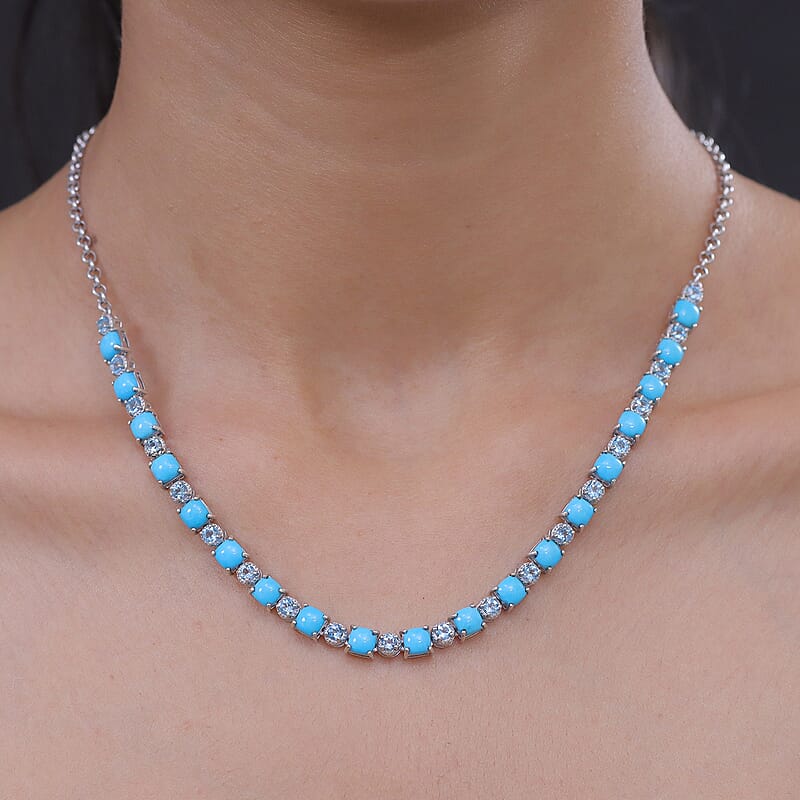 Premium Sleeping Beauty Turquoise and Swiss Blue Topaz 13.30 ctw Necklace in Rhodium Over Sterling Silver 20 Inches