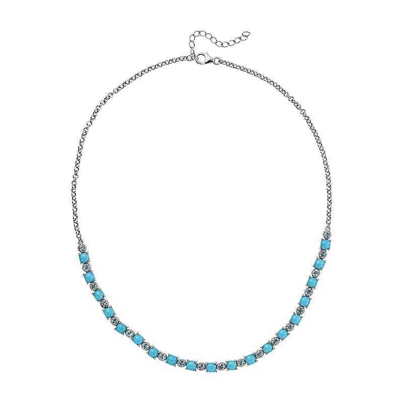 Premium Sleeping Beauty Turquoise and Swiss Blue Topaz 13.30 ctw Necklace in Rhodium Over Sterling Silver 20 Inches