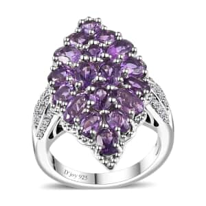 Uruguayan Amethyst and White Zircon Elongated Ring in Platinum Over Sterling Silver (Size 10.0) 3.75 ctw
