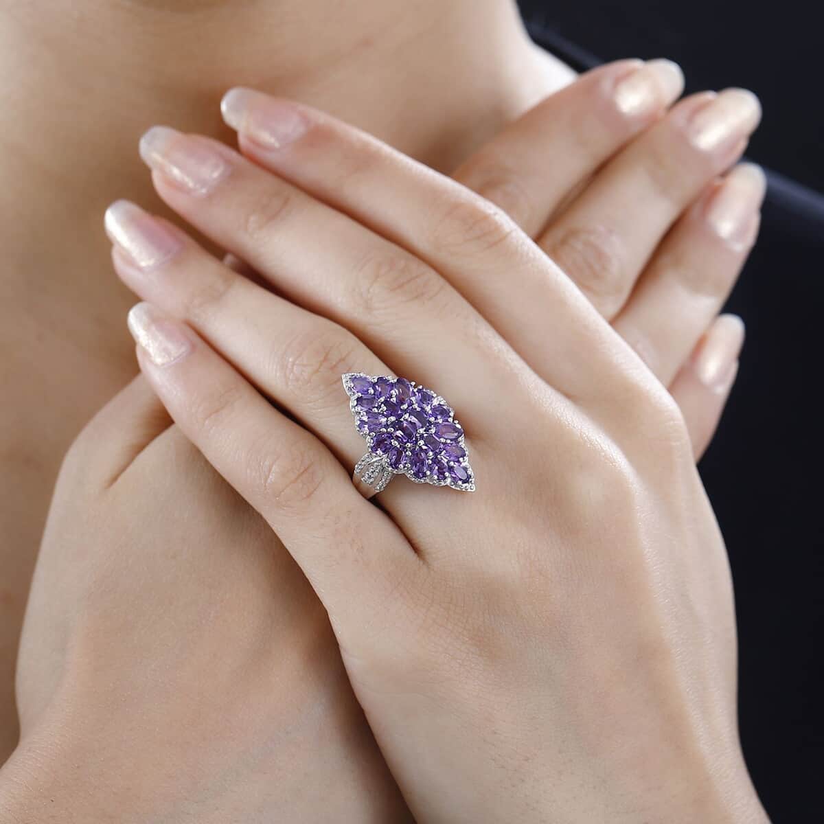 Uruguayan Amethyst and White Zircon Elongated Ring in Platinum Over Sterling Silver (Size 10.0) 3.75 ctw image number 2