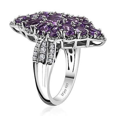 Uruguayan Amethyst and White Zircon Elongated Ring in Platinum Over Sterling Silver (Size 10.0) 3.75 ctw