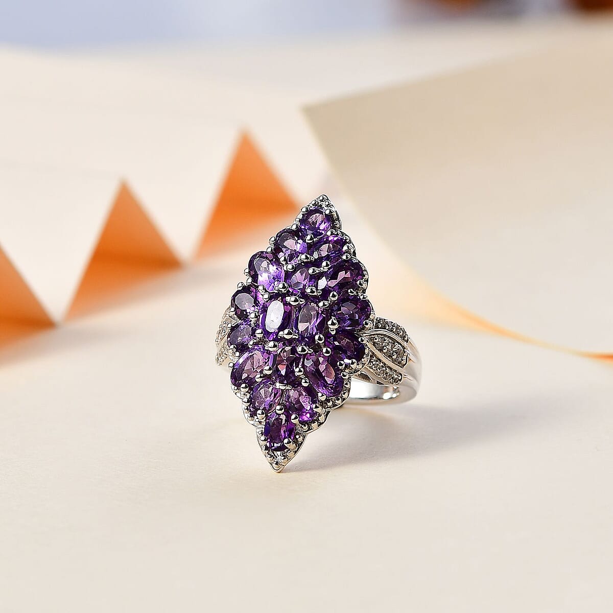 Uruguayan Amethyst and White Zircon Elongated Ring in Platinum Over Sterling Silver (Size 6.0) 3.75 ctw image number 1