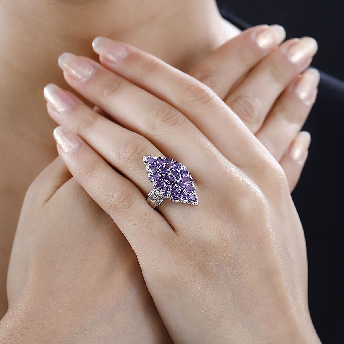 Uruguayan Amethyst and White Zircon Elongated Ring in Platinum Over Sterling Silver (Size 6.0) 3.75 ctw image number 2