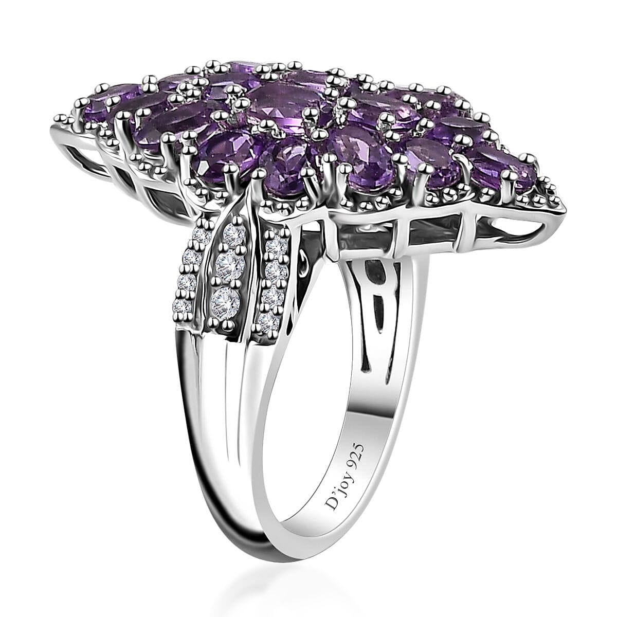 Uruguayan Amethyst and White Zircon Elongated Ring in Platinum Over Sterling Silver (Size 6.0) 3.75 ctw image number 3