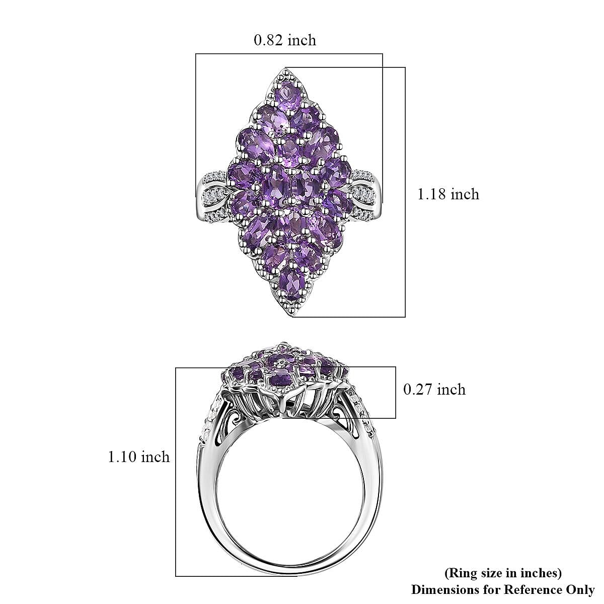 Uruguayan Amethyst and White Zircon Elongated Ring in Platinum Over Sterling Silver (Size 6.0) 3.75 ctw image number 5