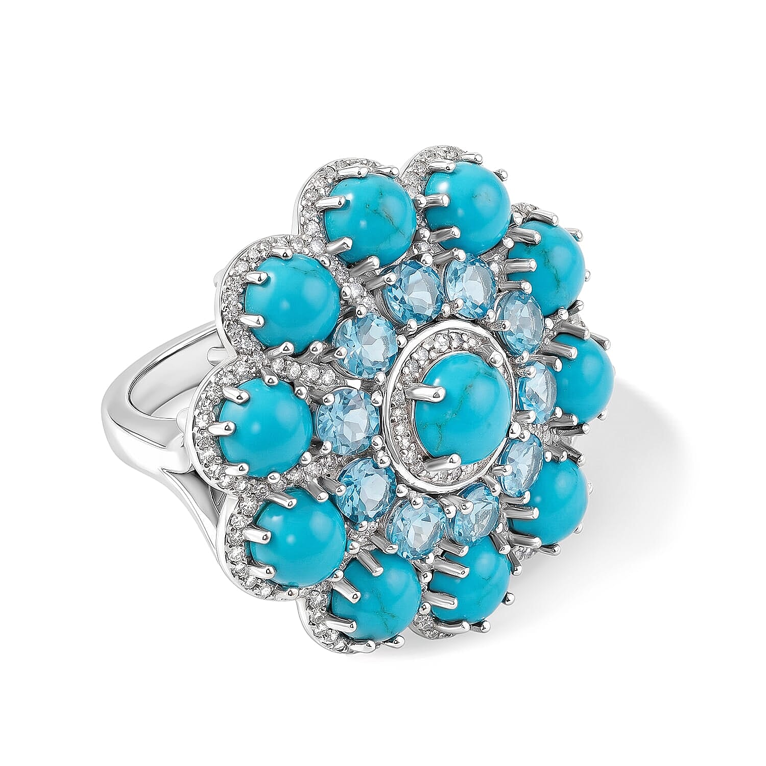 Premium Sleeping Beauty Turquoise and Multi Gemstone 13.25 ctw Ring in Rhodium Over Sterling Silver (Size 5.0)