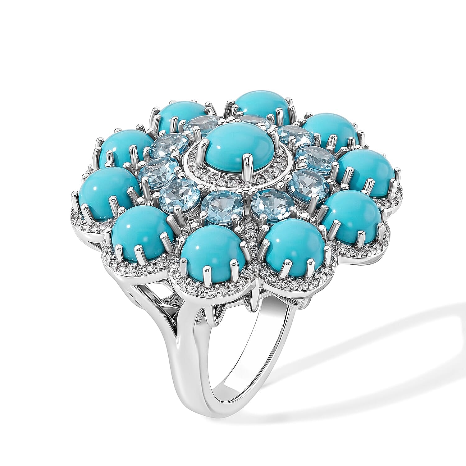 Premium Sleeping Beauty Turquoise and Multi Gemstone 13.25 ctw Ring in Rhodium Over Sterling Silver (Size 5.0)
