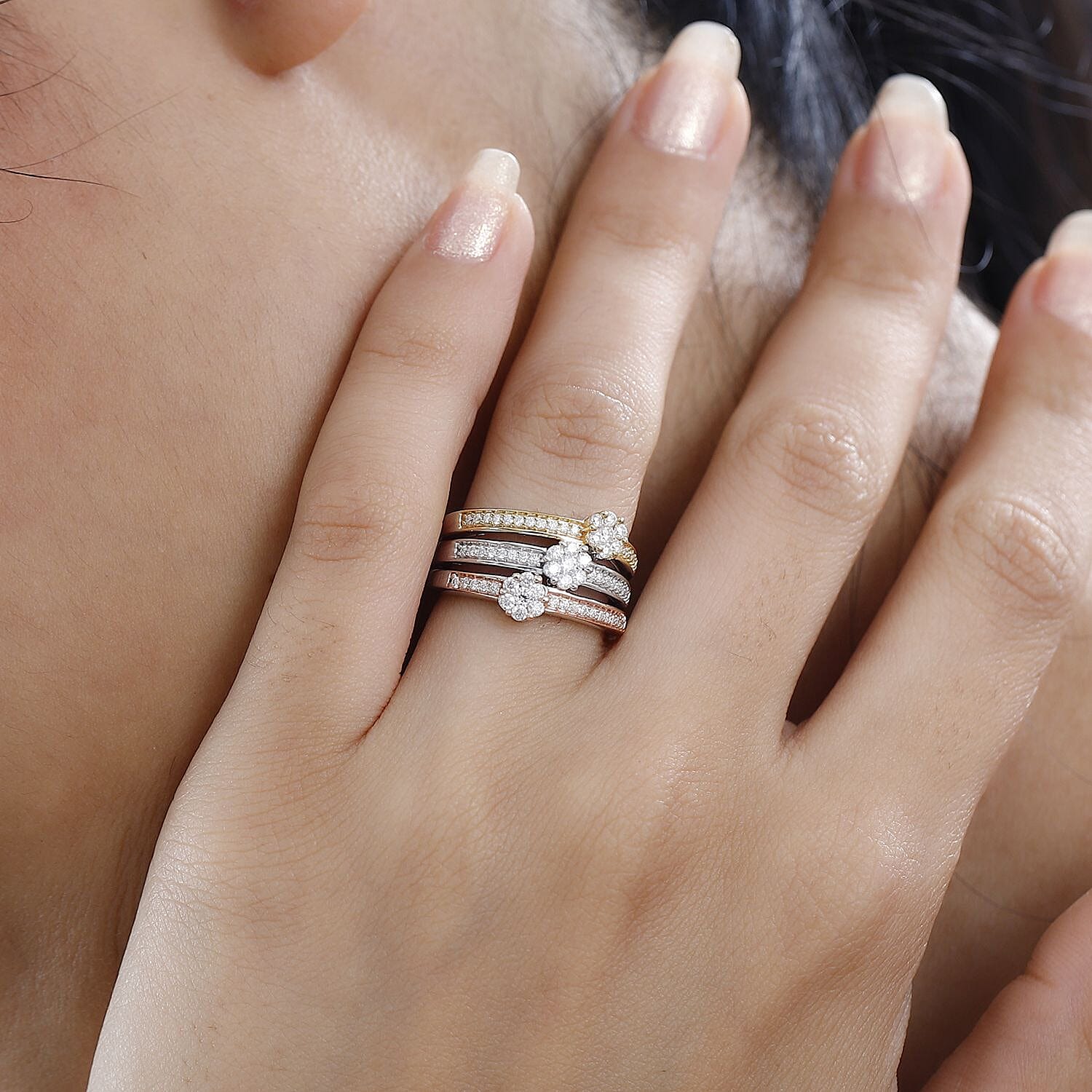 Moissanite Ring in Vermeil Yellow, Rose Gold and Platinum Over Sterling Silver (Size 10.0) 0.85 ctw