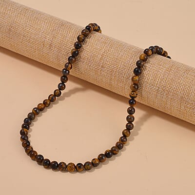 Yellow Tiger's Eye Beaded Necklace 18-24 Inches in Stainless Steel 190.30 ctw