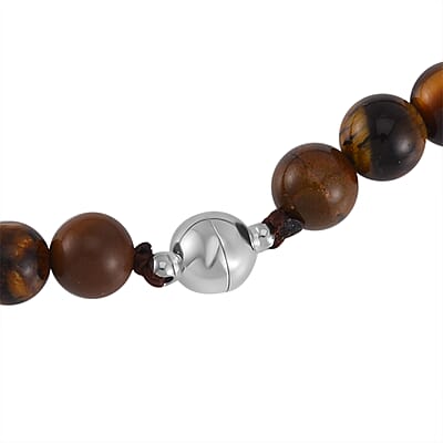 Yellow Tiger's Eye Beaded Necklace 18-24 Inches in Stainless Steel 190.30 ctw
