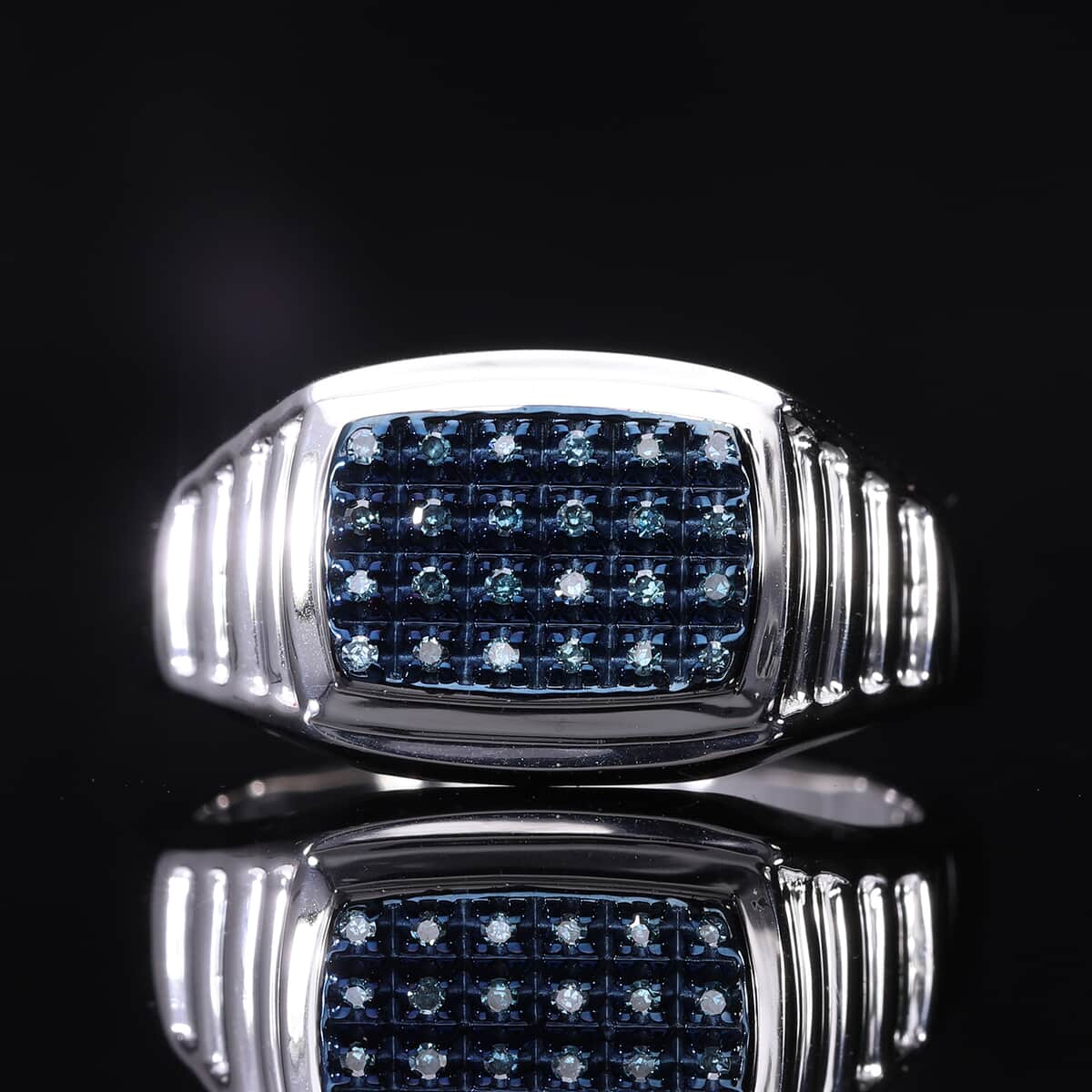 Doorbuster Blue Diamond (IR) Men's Ring in Platinum Over Sterling Silver (Size 10.0) 0.10 ctw image number 1