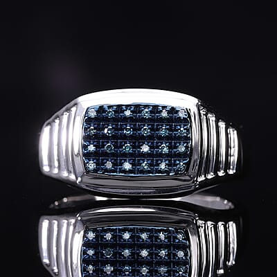 Blue Diamond Men's Ring in Platinum Over Sterling Silver (Size 10.0) 0.10 ctw