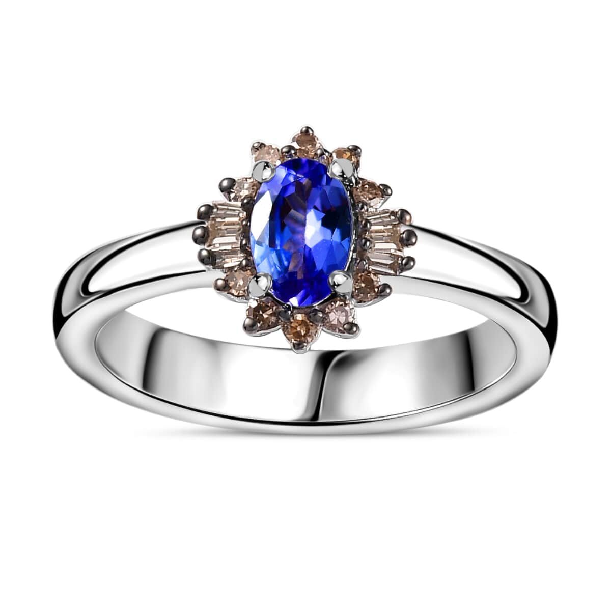 Tanzanite, Natural Champagne Diamond Halo Ring in Platinum Over Sterling Silver (Size 10.0) 0.50 ctw image number 0