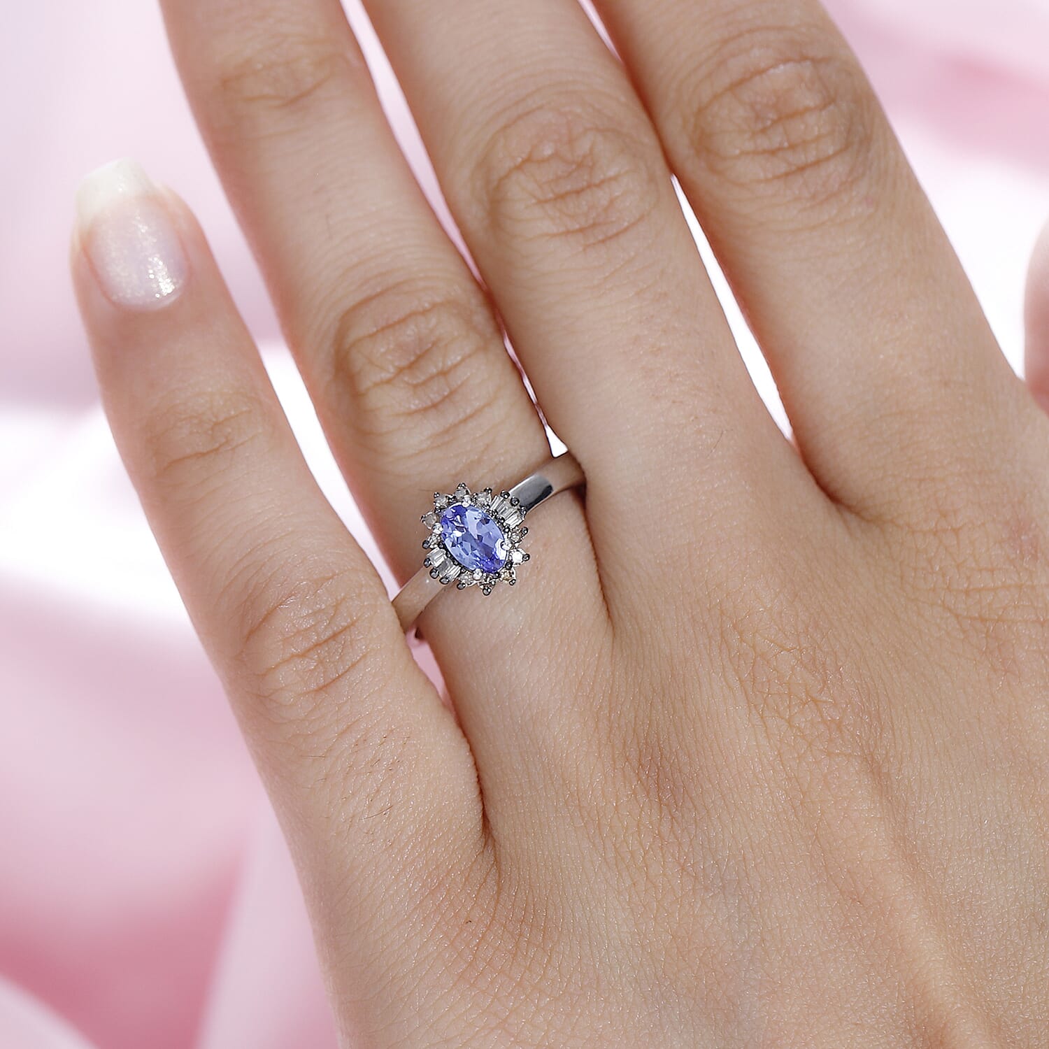 Tanzanite and Natural Champagne Diamond Halo Ring in Platinum Over Sterling Silver (Size 10.0) 0.50 ctw