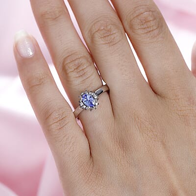 Tanzanite and Natural Champagne Diamond Halo Ring in Platinum Over Sterling Silver (Size 10.0) 0.50 ctw