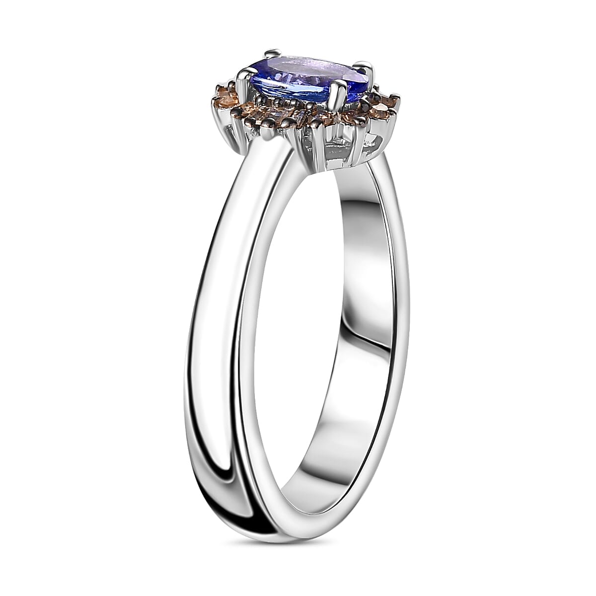 Tanzanite and Natural Champagne Diamond Halo Ring in Platinum Over Sterling Silver (Size 10.0) 0.50 ctw