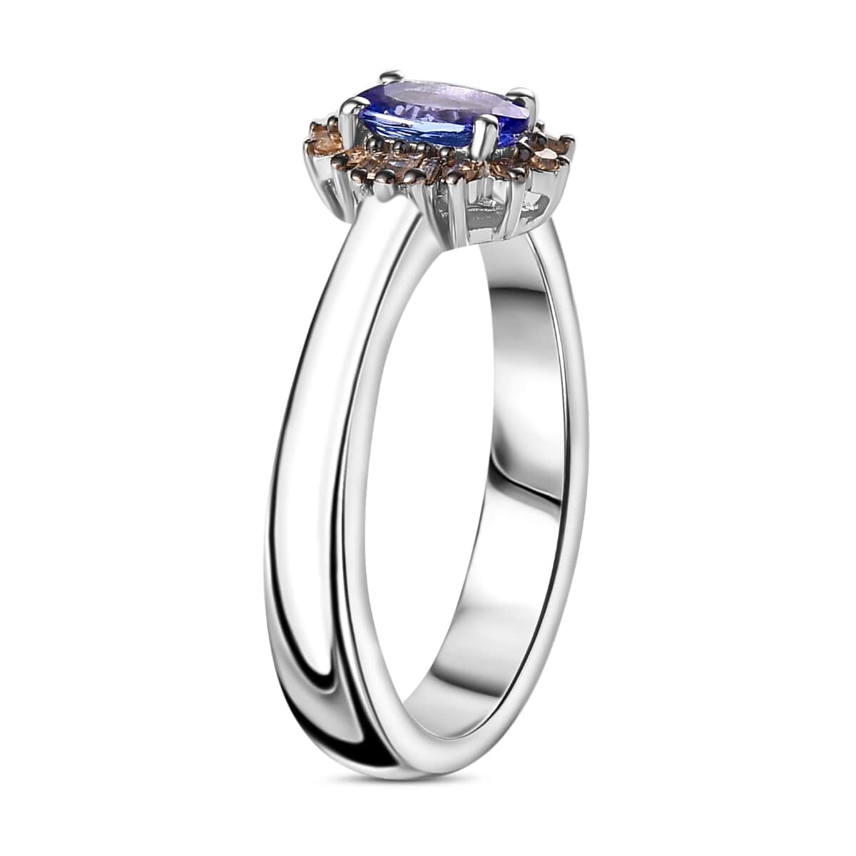 Tanzanite, Natural Champagne Diamond Halo Ring in Platinum Over Sterling Silver (Size 10.0) 0.50 ctw image number 3