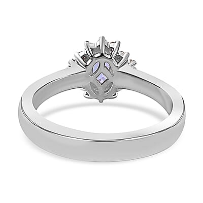 Tanzanite and Natural Champagne Diamond Halo Ring in Platinum Over Sterling Silver (Size 10.0) 0.50 ctw