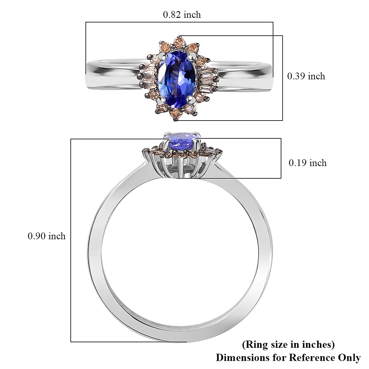 Tanzanite and Natural Champagne Diamond Halo Ring in Platinum Over Sterling Silver (Size 10.0) 0.50 ctw