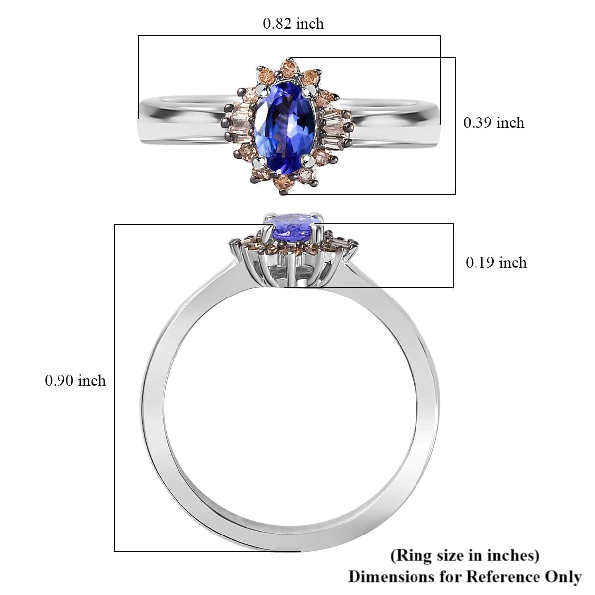 Tanzanite, Natural Champagne Diamond Halo Ring in Platinum Over Sterling Silver (Size 10.0) 0.50 ctw image number 5