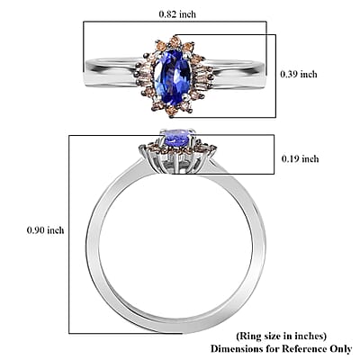 Tanzanite and Natural Champagne Diamond Halo Ring in Platinum Over Sterling Silver (Size 10.0) 0.50 ctw