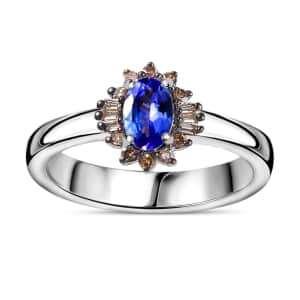 Tanzanite and Natural Champagne Diamond Halo Ring in Platinum Over Sterling Silver (Size 5.0) 0.50 ctw (Del. in 10-12 Days)