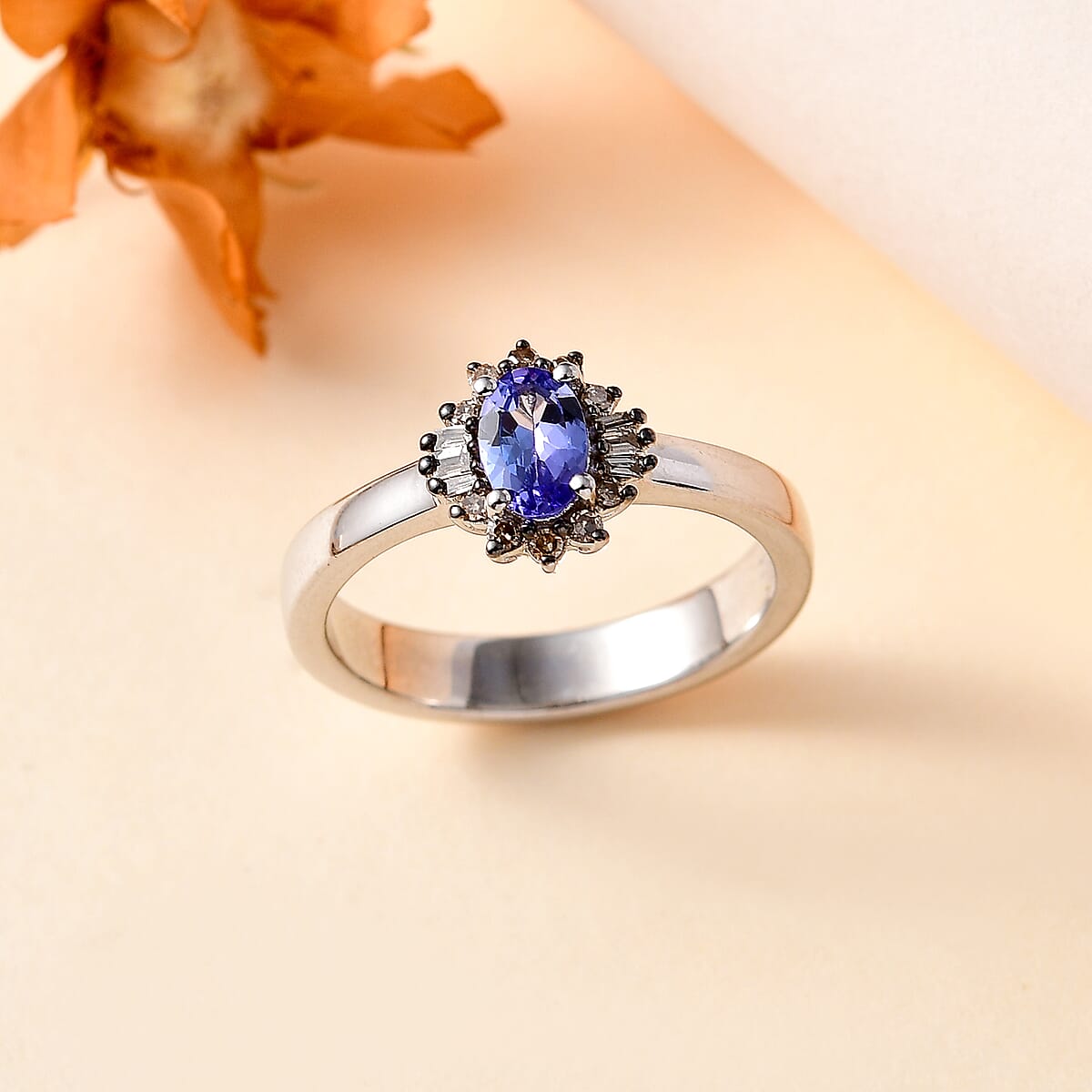 Tanzanite and Natural Champagne Diamond Halo Ring in Platinum Over Sterling Silver (Size 7.0) 0.50 ctw image number 1