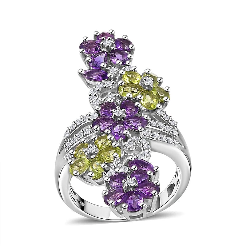 Uruguayan Amethyst and Multi Gemstone Floral Ring in Platinum Over Sterling Silver (Size 10.0) 5.00 ctw