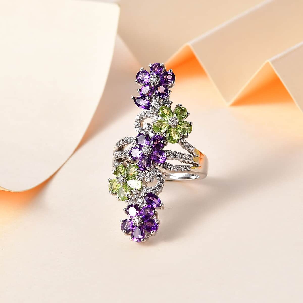 Uruguayan Amethyst and Multi Gemstone Floral Ring in Platinum Over Sterling Silver (Size 10.0) 5.00 ctw image number 1