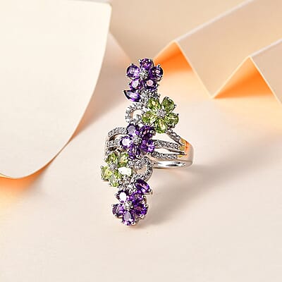 Uruguayan Amethyst and Multi Gemstone Floral Ring in Platinum Over Sterling Silver (Size 10.0) 5.00 ctw