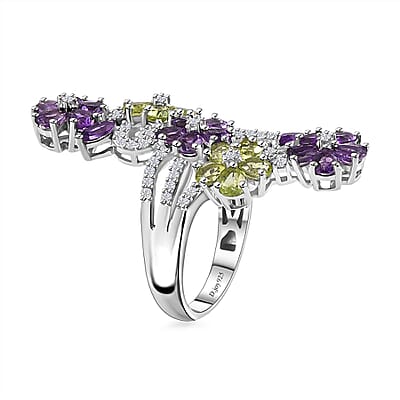 Uruguayan Amethyst and Multi Gemstone Floral Ring in Platinum Over Sterling Silver (Size 10.0) 5.00 ctw