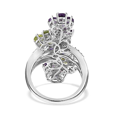 Uruguayan Amethyst and Multi Gemstone Floral Ring in Platinum Over Sterling Silver (Size 10.0) 5.00 ctw