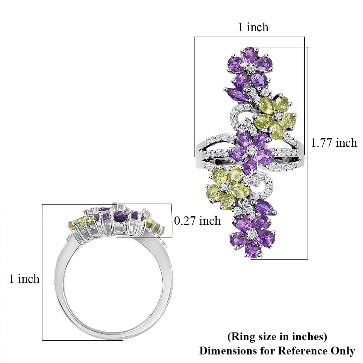 Uruguayan Amethyst and Multi Gemstone Floral Ring in Platinum Over Sterling Silver (Size 10.0) 5.00 ctw image number 5