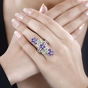 Uruguayan Amethyst and Multi Gemstone Floral Ring in Platinum Over Sterling Silver (Size 5.0) 5.00 ctw