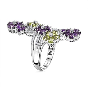 Uruguayan Amethyst and Multi Gemstone Floral Ring in Platinum Over Sterling Silver (Size 5.0) 5.00 ctw