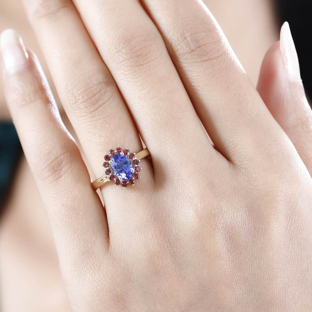 Luxoro Premium Tanzanite and Ofiki Rubellite 1.75 ctw Patriotic Pride Ring in 10K Yellow Gold (Size 10.0) image number 2